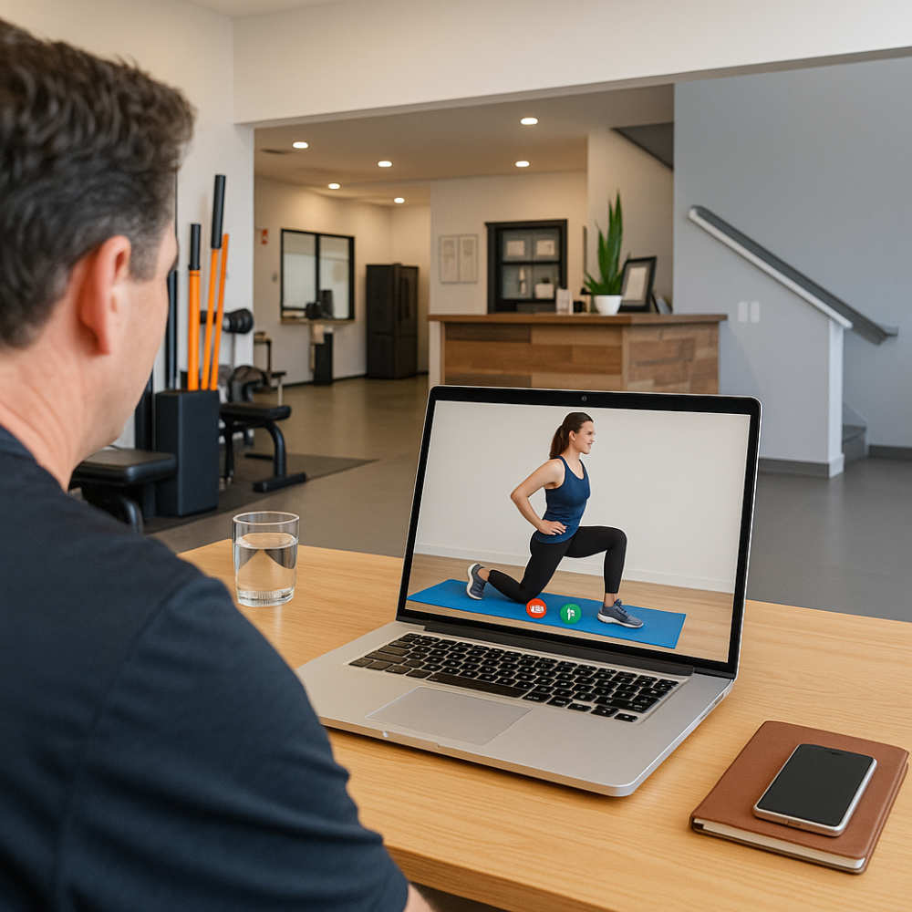 Dr. Justin Brinks watches female client during a lunge to assess movement during virtual mobility coaching call.