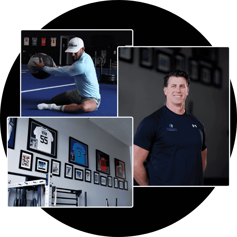 virtual-movement-coaching-online-eagle-id Collage of three images representing virtual movement coaching, featuring Dr. Justin Brink, an expert mobility coach in Eagle, ID, an athlete stretching with a medicine ball, and a wall of framed pro-athlete jerseys of professionals treated at Premiere Spine & Sport.